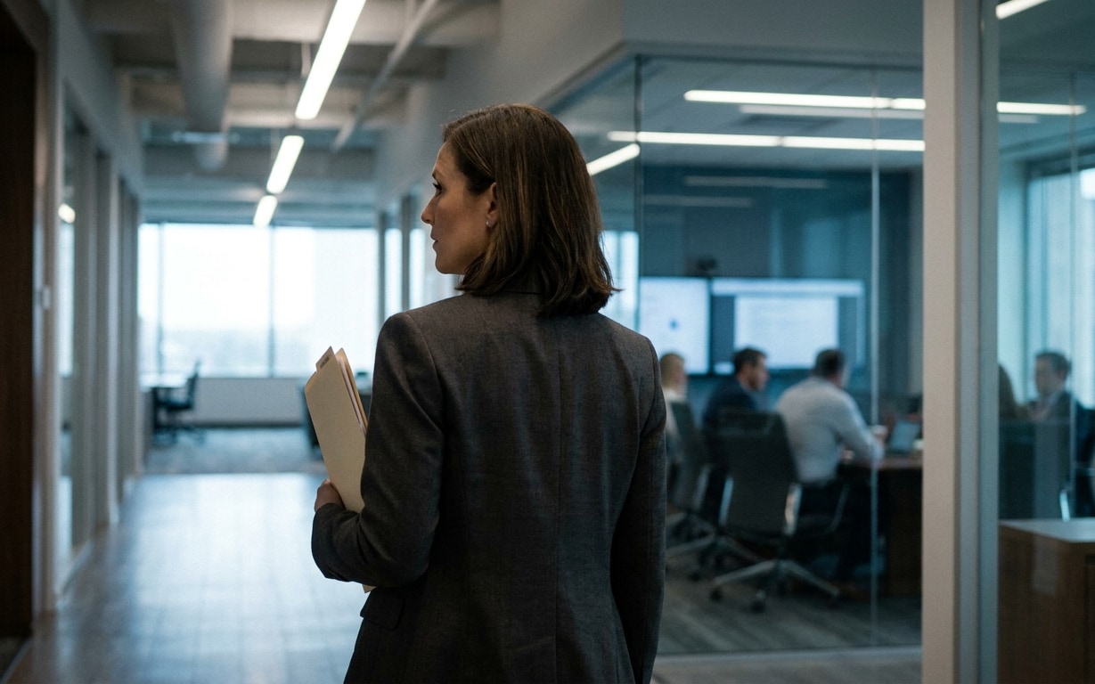 Professional woman holding files walking in office hallway past a conference room with people in a meeting.