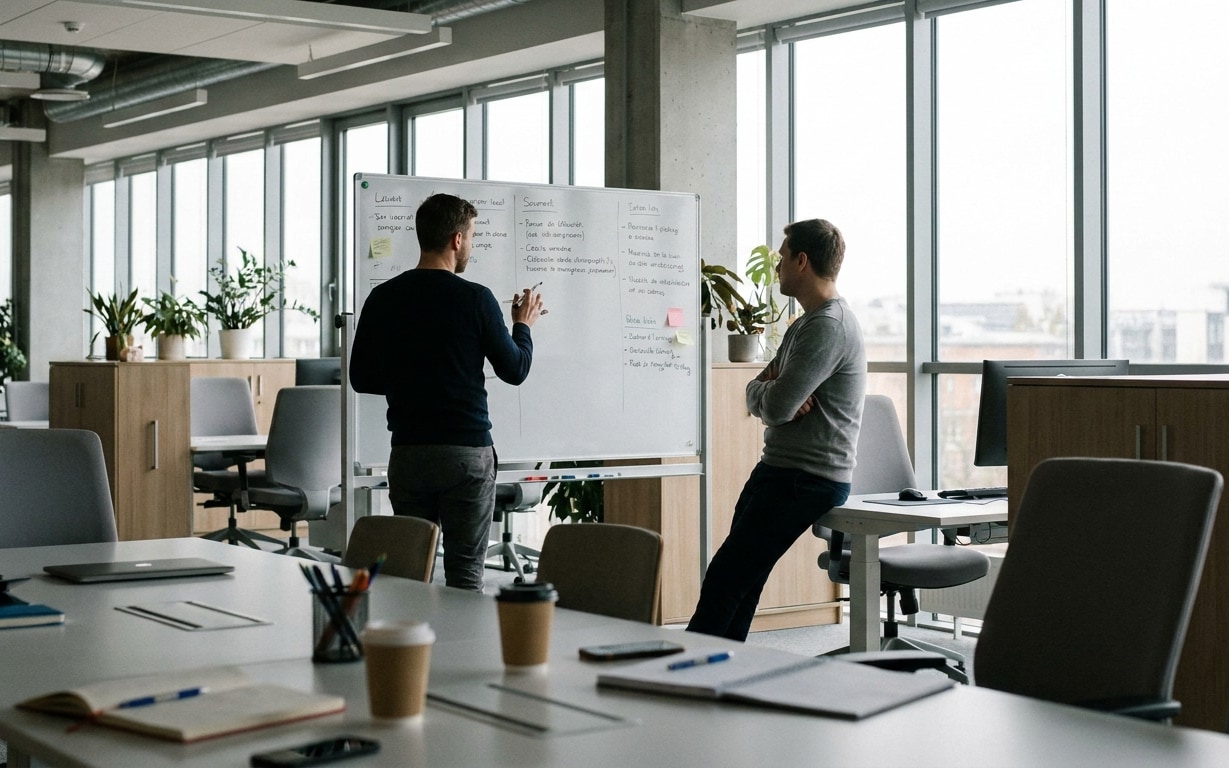 Two men collaborate in a modern office by a whiteboard with notes and plants by large windows.