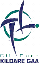 Kildare GAA logo with abstract curved teal and navy shapes and text below.