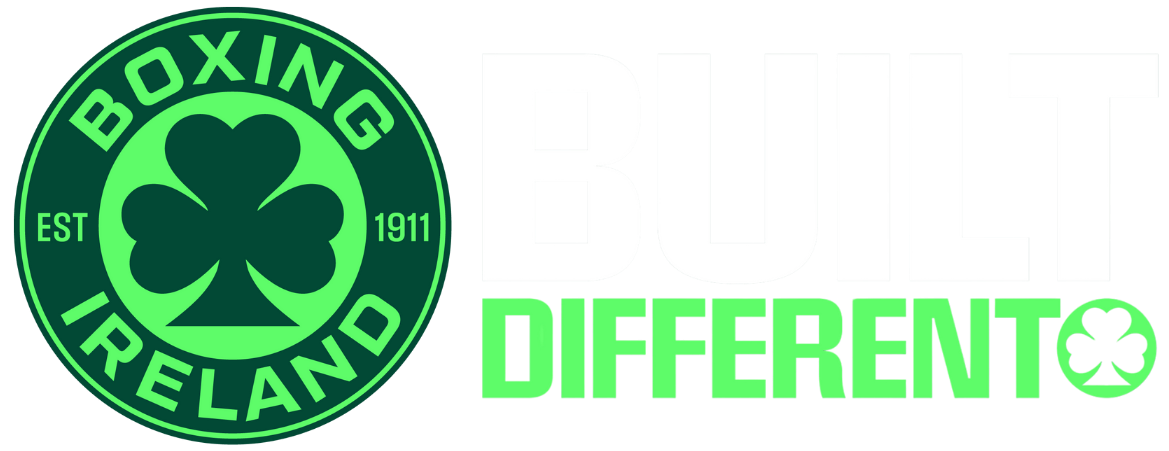 Boxing Ireland logo with a shamrock and text 'Built Different' in green and white on black background.