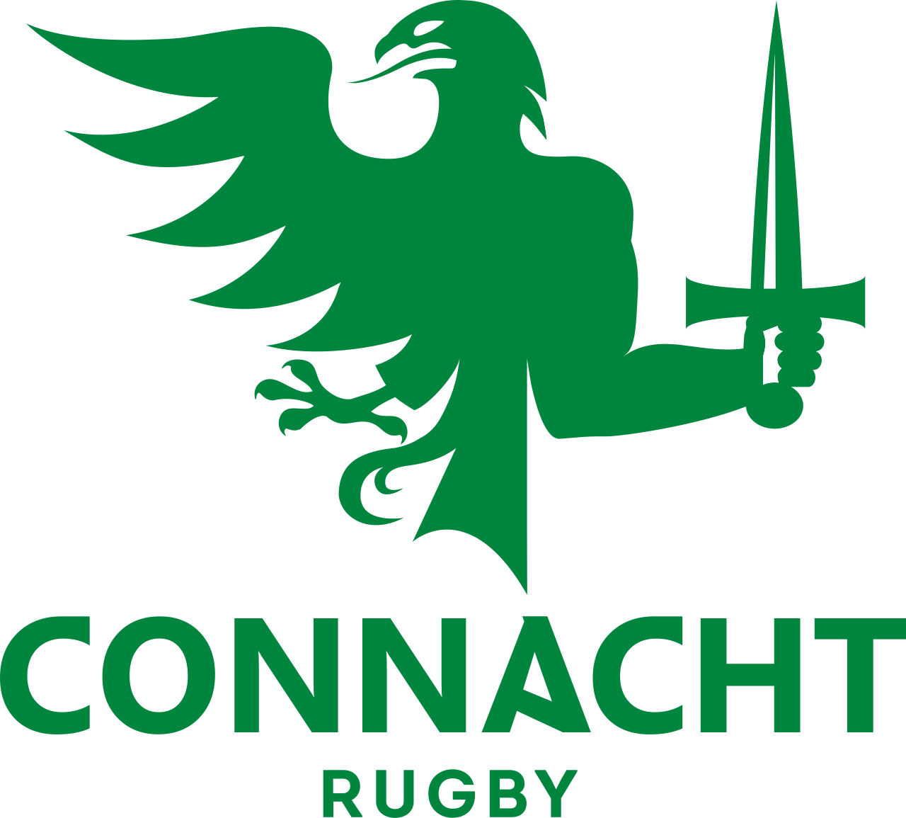 Green eagle holding a sword with text below reading Connacht Rugby.
