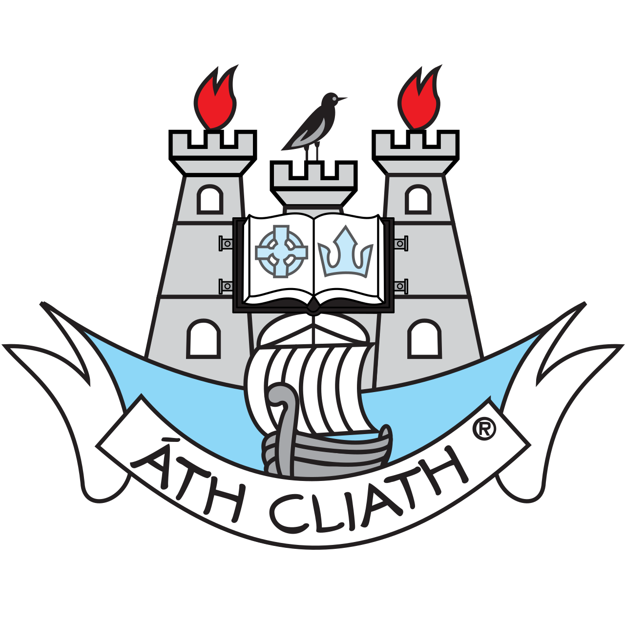 Dublin GAA crest with three castles, book, blackbird, and Viking ship, and 'Áth Cliath' banner.