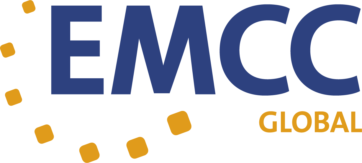 EMCC Global logo with blue letters and a semicircle of orange squares on the left