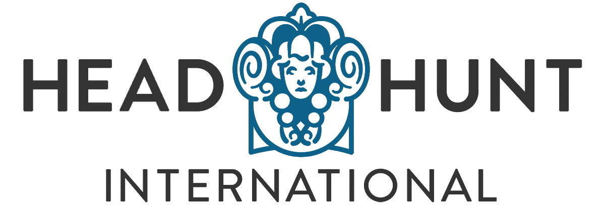 Head Hunt International logo with stylized blue face between words Head and Hunt.