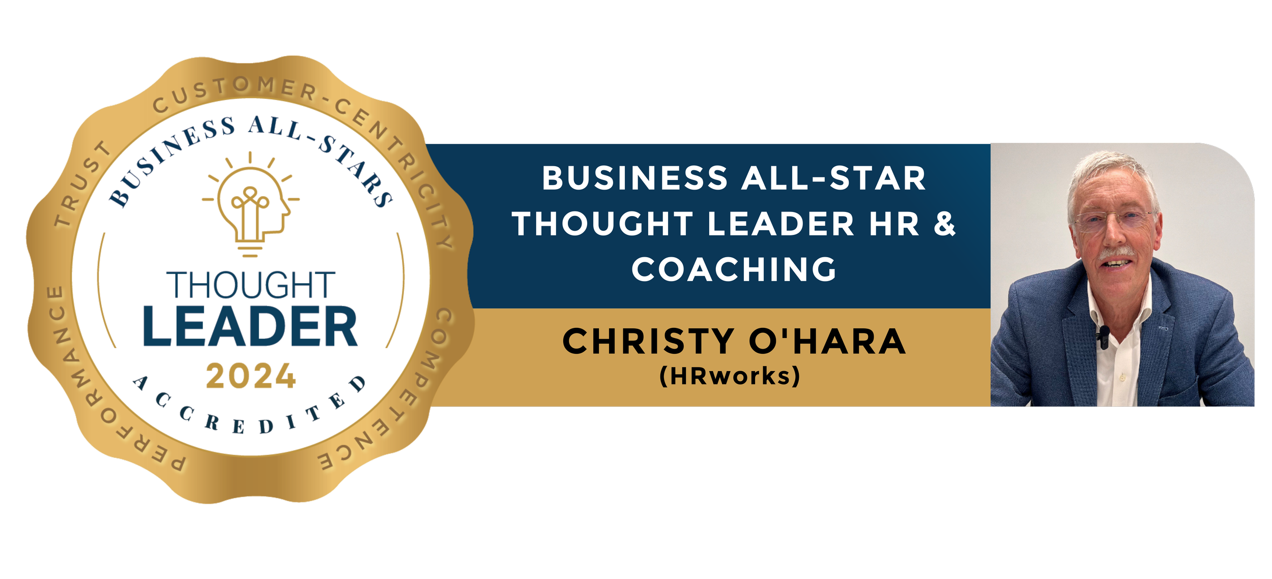 Business All-Star Thought Leader HR & Coaching award 2024 badge and photo of a man in a blue blazer.