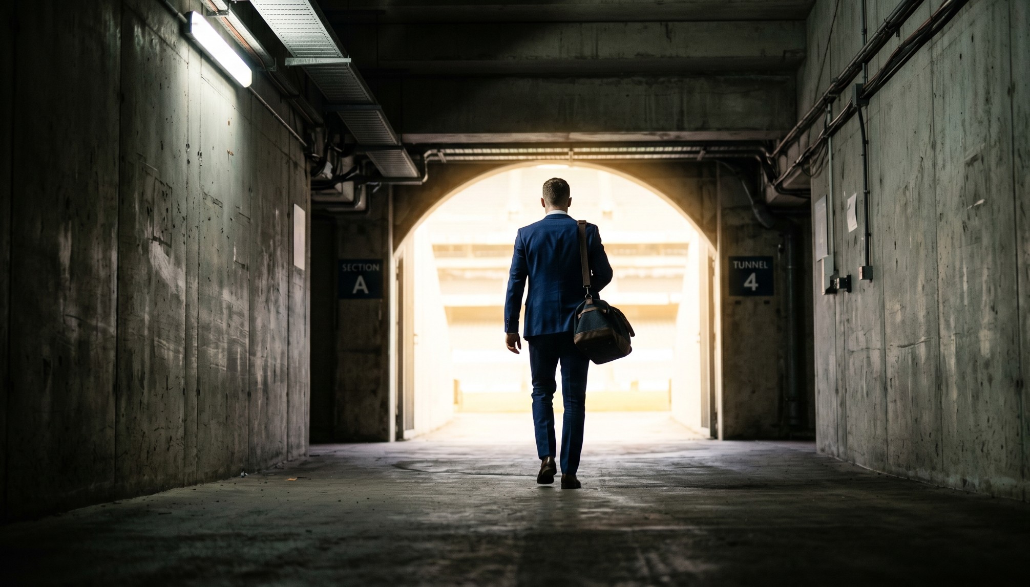 Man in a blue suit walking through a dim tunnel toward bright light outside carrying a duffel bag.