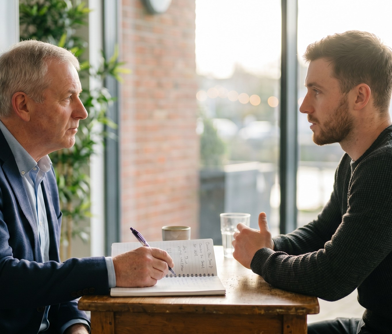 Older man in suit writing in notebook while talking to younger man at wooden table by window.