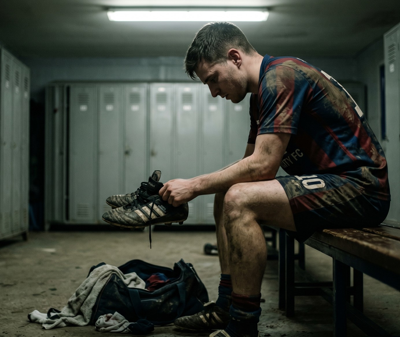 Dirty soccer player in uniform sitting on bench holding muddy cleats in a locker room.