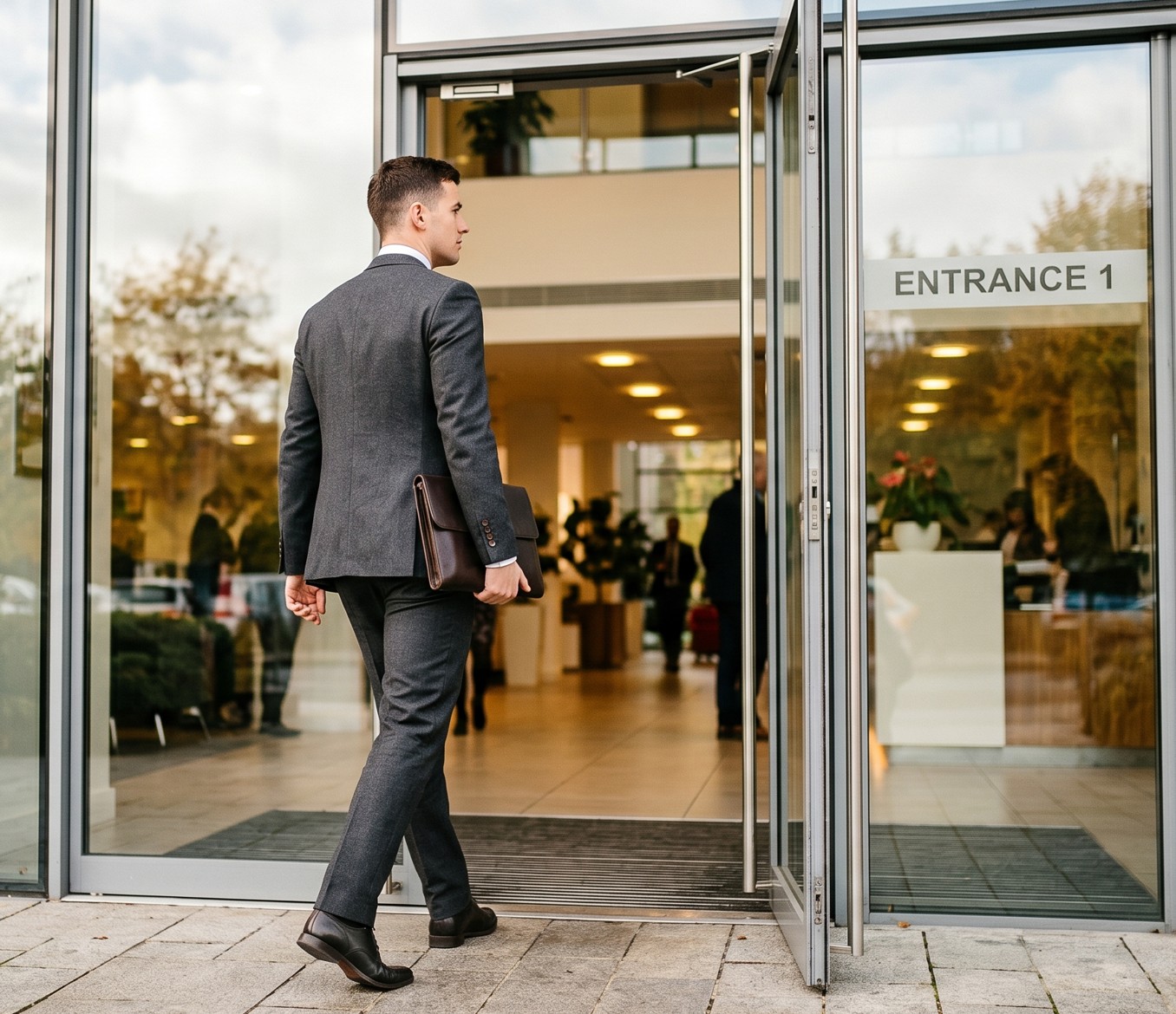 Man in a gray suit carrying a briefcase walking into a glass building with an Entrance 1 sign.