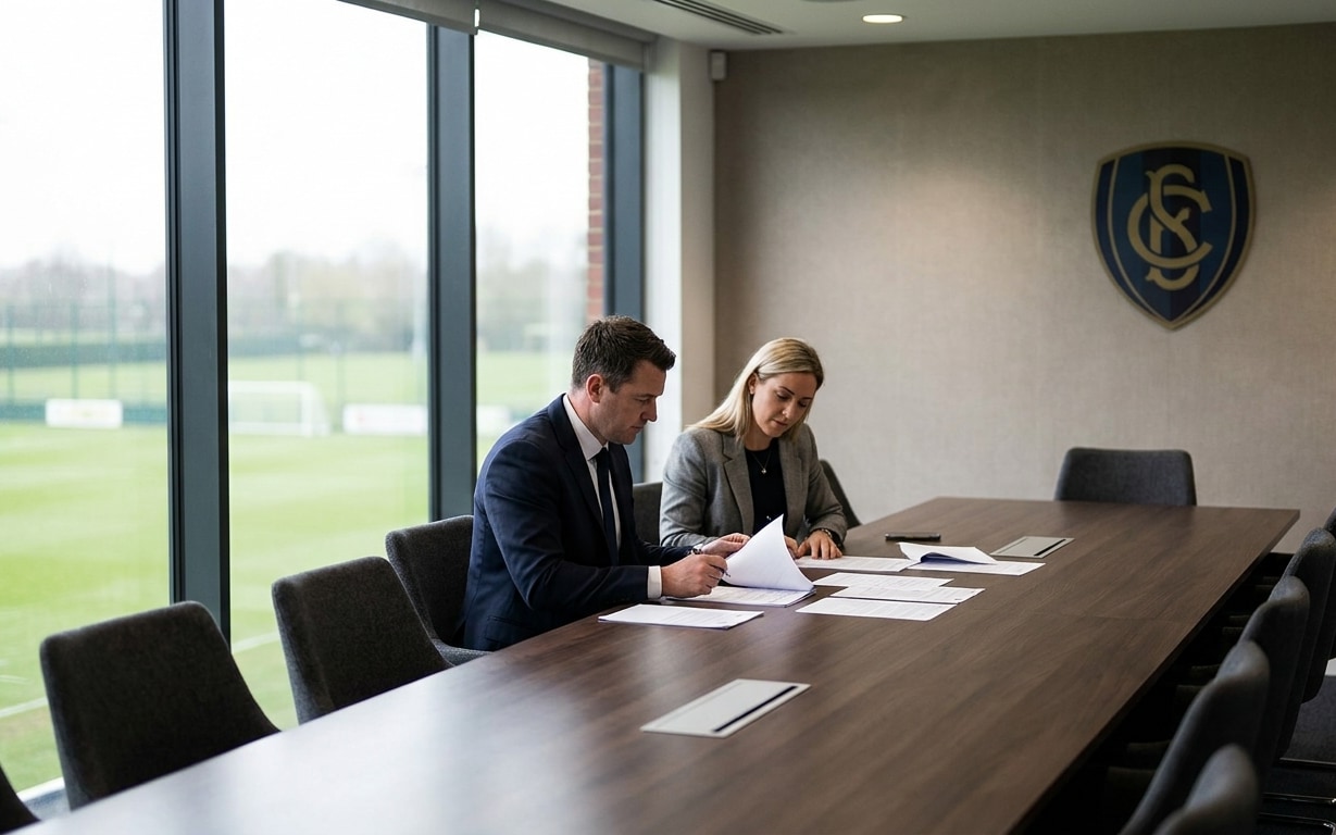 Two business professionals reviewing documents at a long conference table near large windows by a sports field.