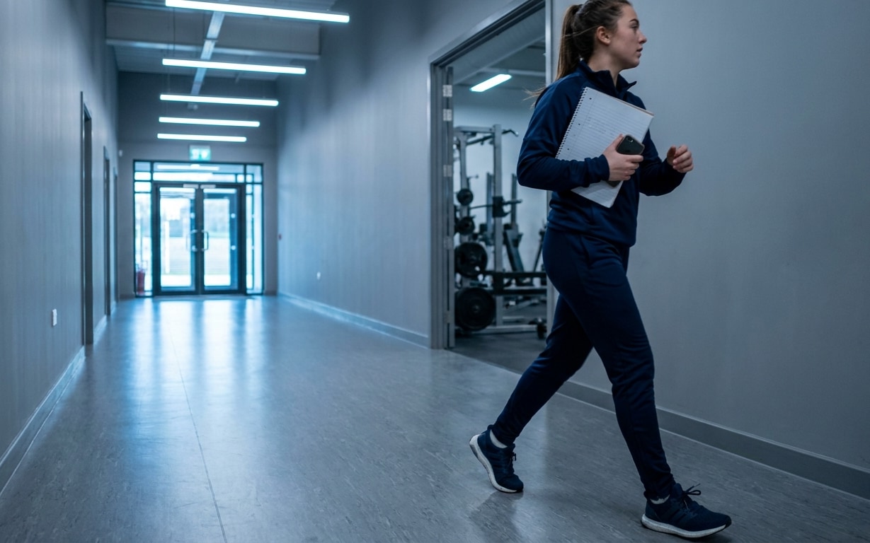 Woman in navy tracksuit walking in a hallway holding a notebook and phone near a gym room.