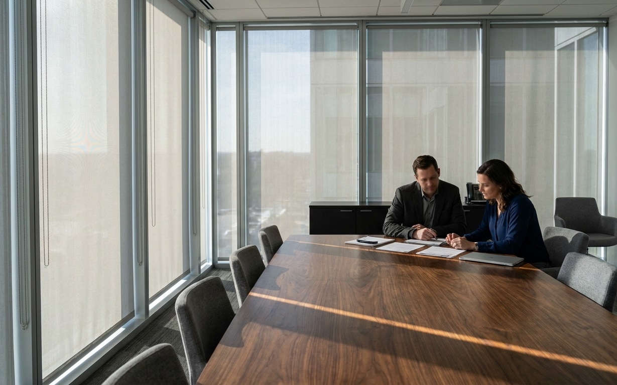 Two business professionals seated at a wood conference table reviewing documents in a bright office.