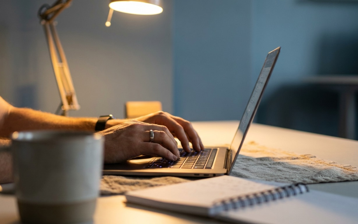 Person typing on laptop at desk with coffee cup and notebook nearby under a warm desk lamp.