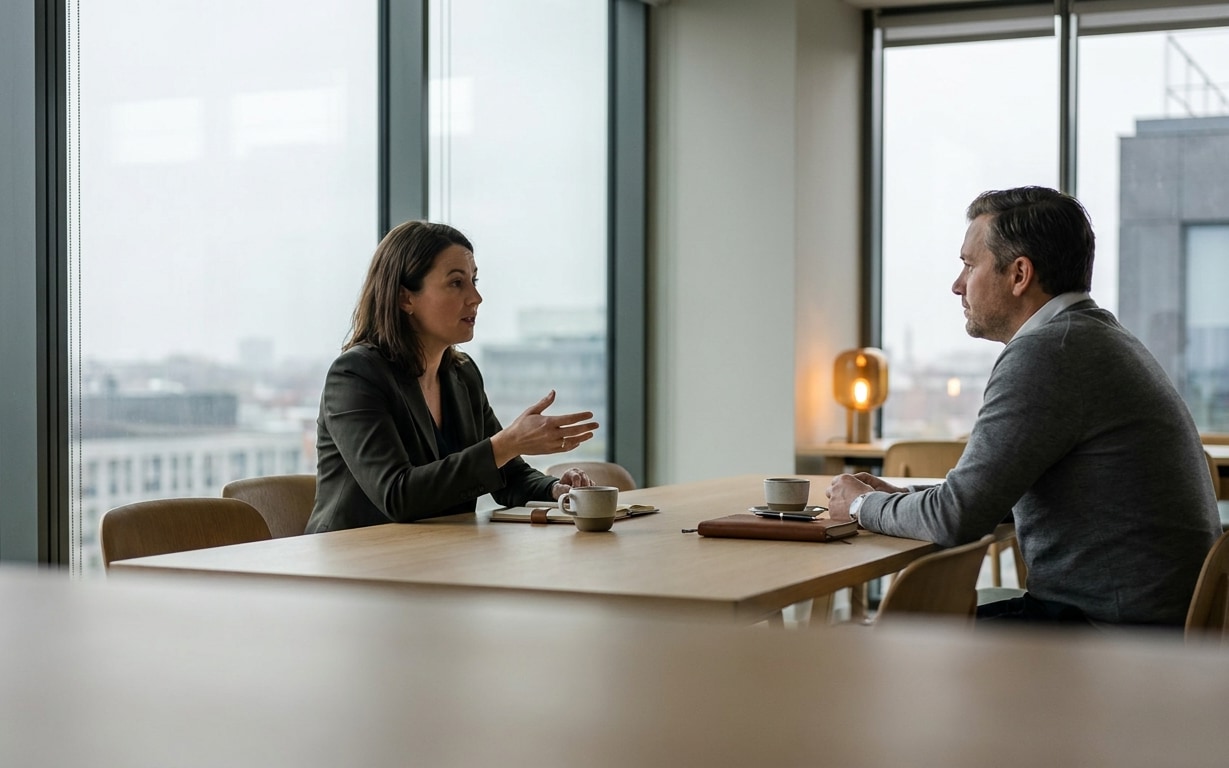 Two business professionals having a discussion over coffee in a modern office with large windows.