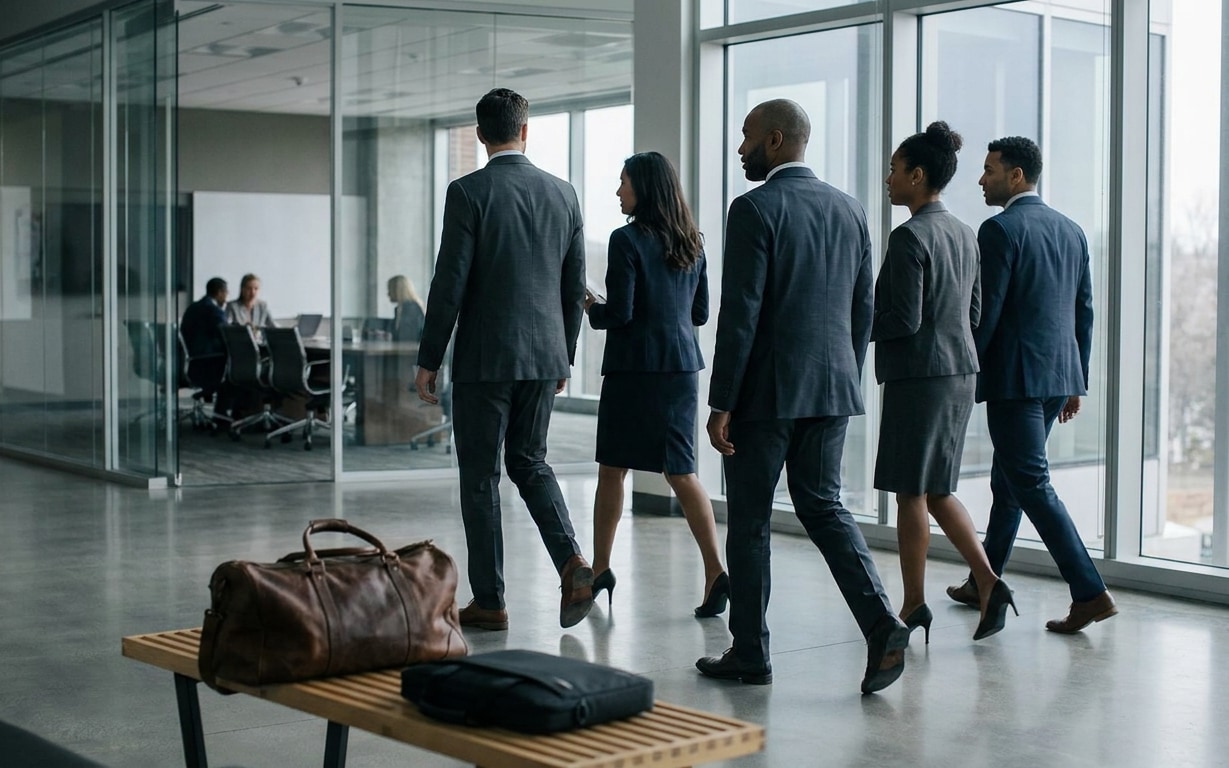 Five business professionals walking through a modern office with glass walls and bags on a bench.