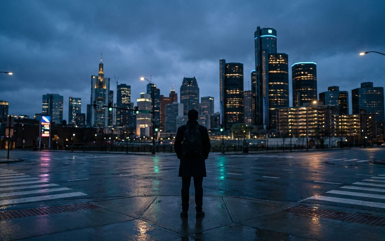 A person with a backpack standing at an empty street intersection facing a lit city skyline at dusk.