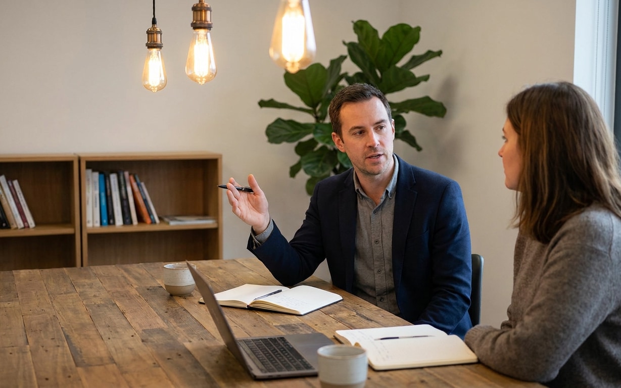 Man in navy blazer discussing with woman in gray sweater at wooden table with open notebooks.