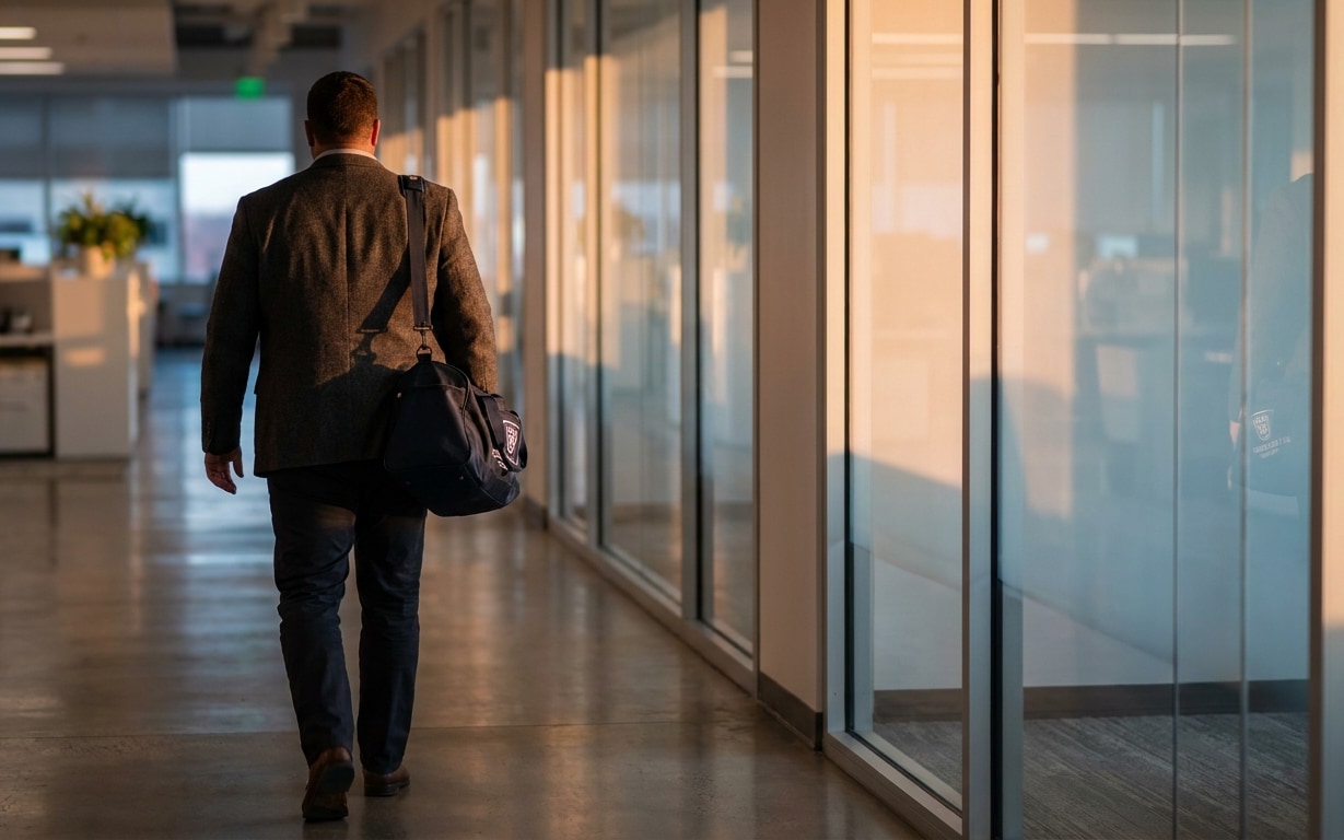 Man in blazer carrying a bag walking down a sunlit office corridor with glass walls.