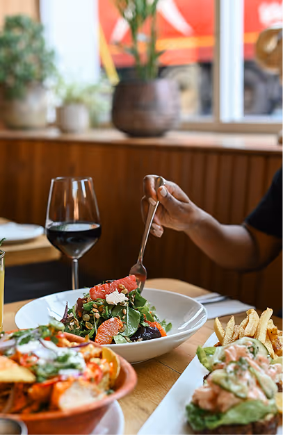 Grapefruit salad, nachos and a burger with fries beside a glass of red wine at Elephant & Castle