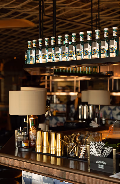 Brass cocktail shakers, bar tools and a rack of gin bottles at the bar in Mackenzie's