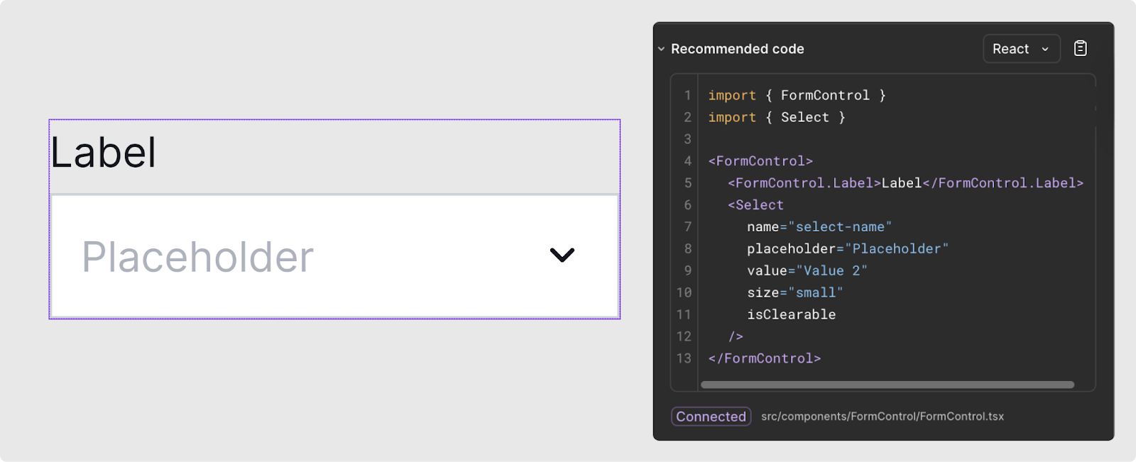 The image illustrates how Figma Code Connect bridges the gap between design and development inside Figma’s Dev Mode. The visual example shows a labeled input field on the left and its corresponding React component code on the right.