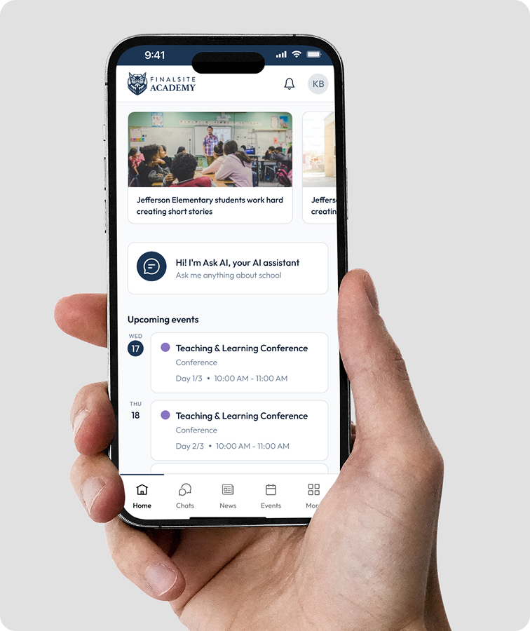Finalsite school mobile app in hand, showing news, an AI assistant and upcoming events.