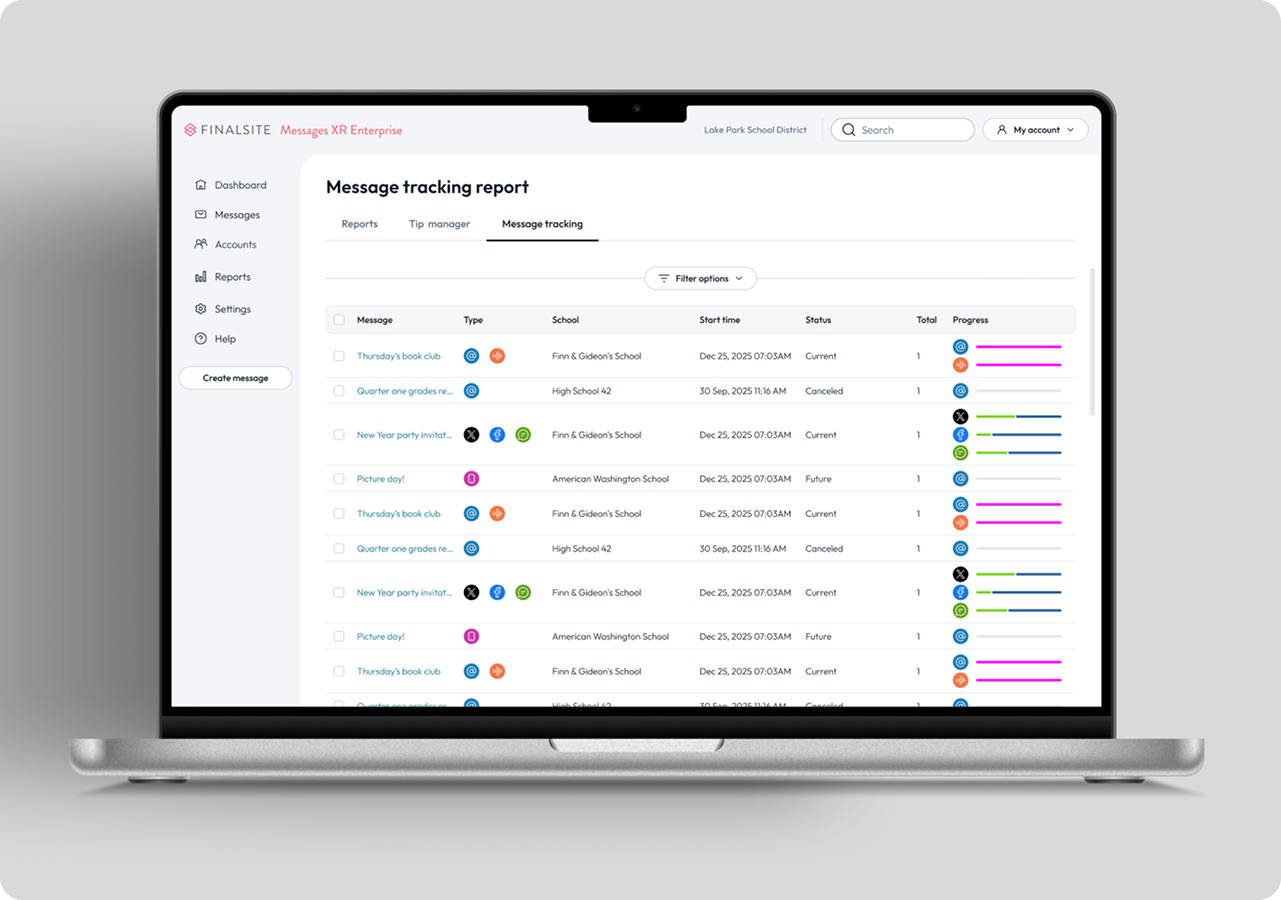 Finalsite message tracking report listing scheduled posts by school, start time and status.