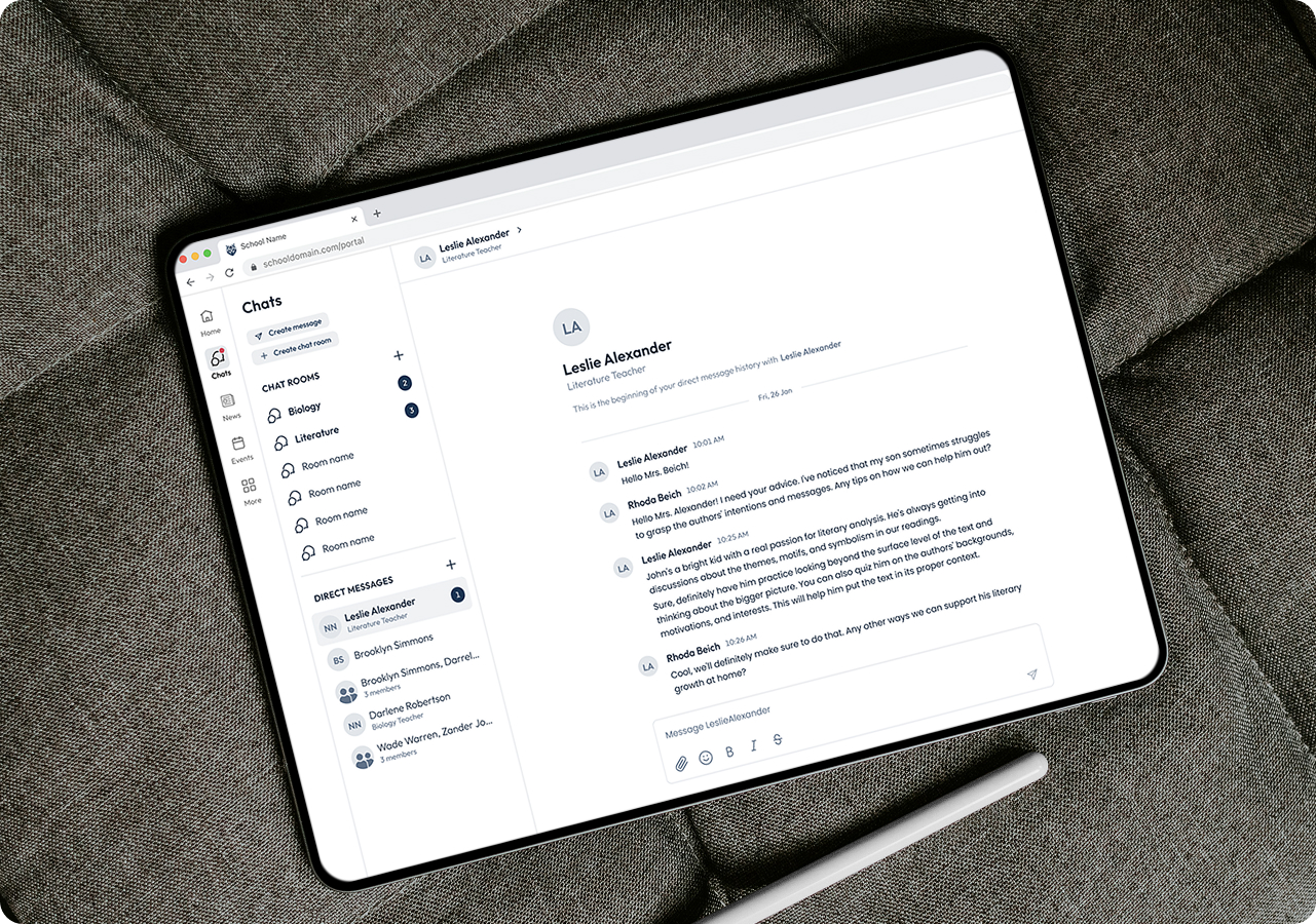 Finalsite chat on a tablet, showing a direct message conversation and channel list.