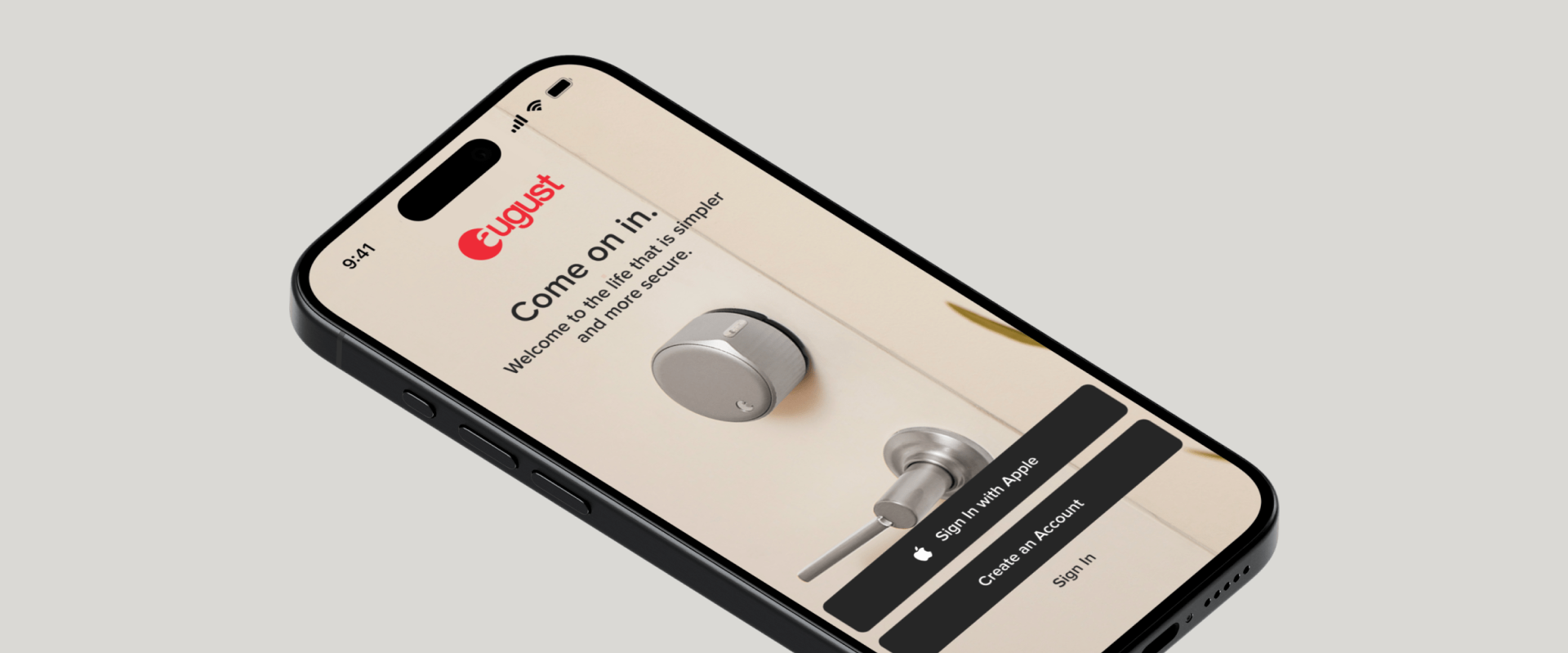 August app welcome screen on a phone, showing the smart lock.