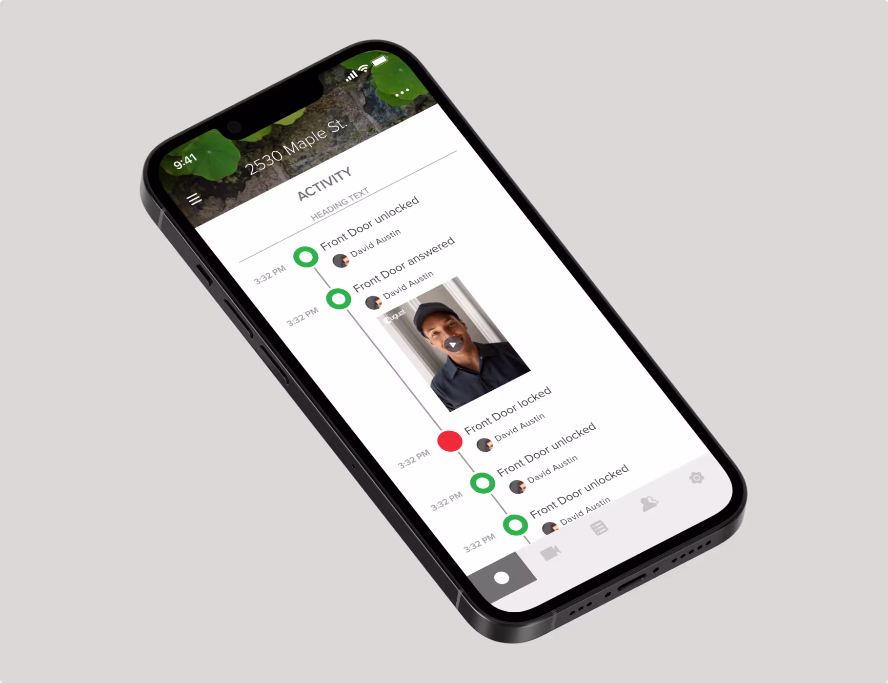 August app activity log showing front door lock and unlock events with a doorbell camera snapshot.