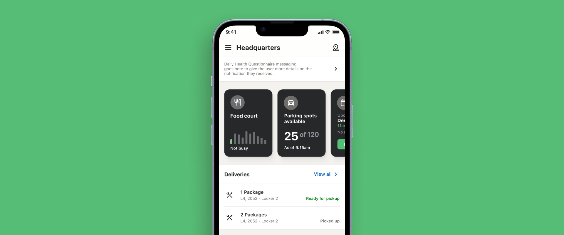 ThoughtWire workplace app home screen showing food court busyness, parking availability and deliveries.