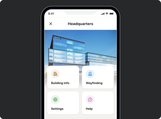 ThoughtWire app menu tiles for wayfinding and help.