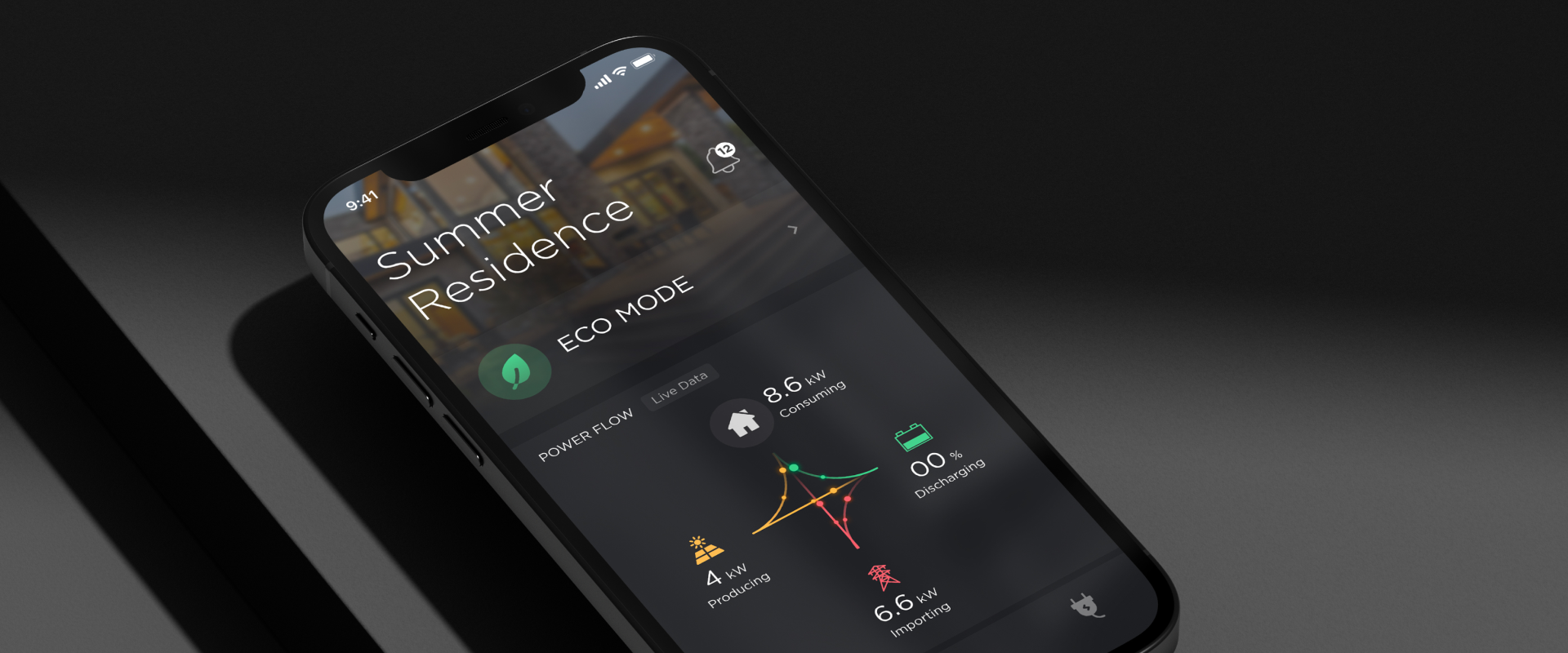 Savant Pro app on a phone showing a home's live power flow in eco mode.