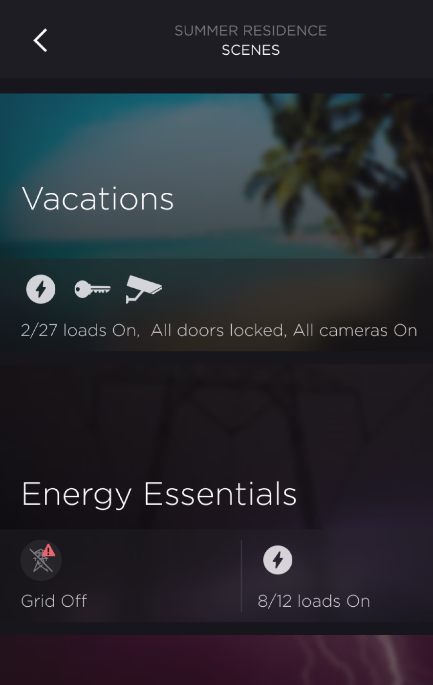 Savant Pro scenes screen with Vacation and Energy Essentials scenes controlling lights, locks and cameras.
