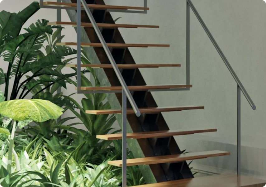 Floating wooden staircase beside an indoor garden in a modern home.