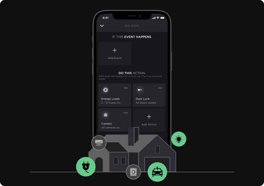 Savant Pro scene builder setting energy loads, door locks and cameras to respond to an event.