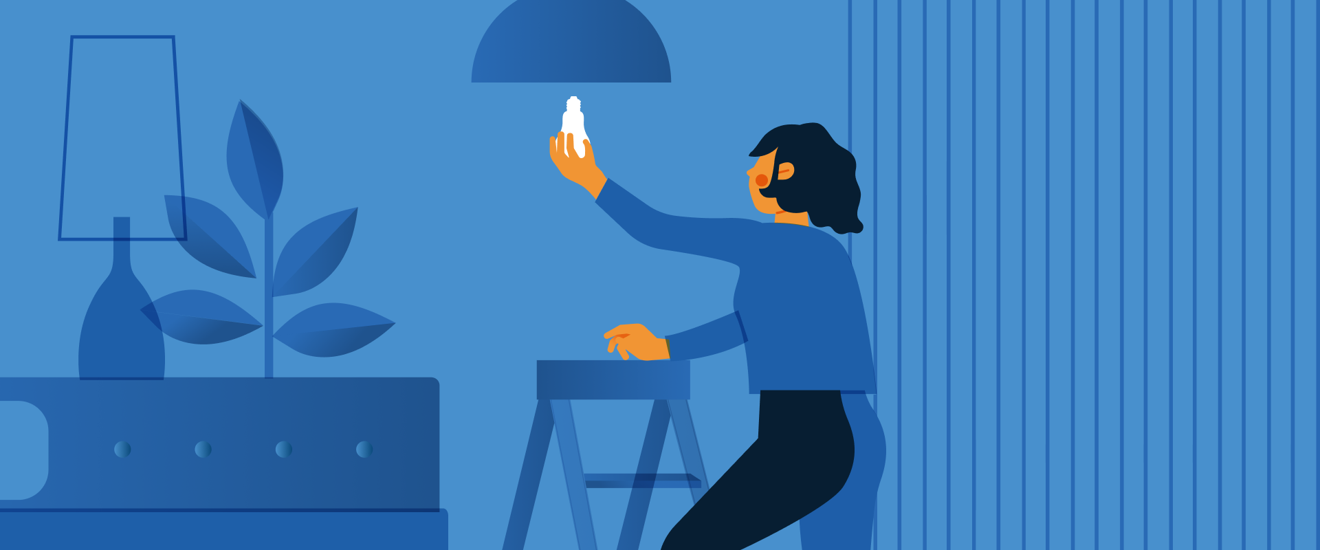 Illustration of a person installing a smart light bulb at home.