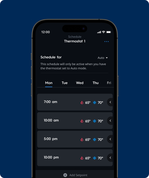 Cync app thermostat schedule with heating and cooling set points for each time of day.