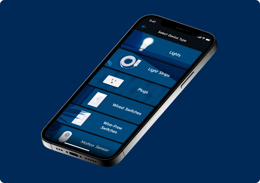 Cync app device picker listing lights, light strips, plugs and wired switches.