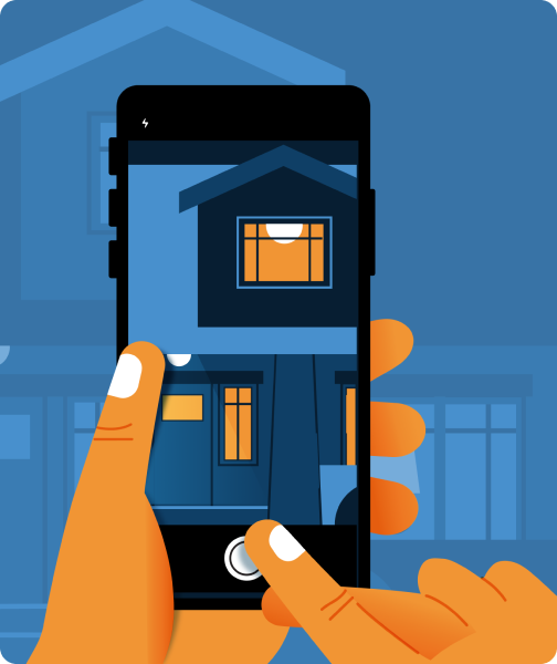 Illustration of a hand using a phone to control a home's lights.
