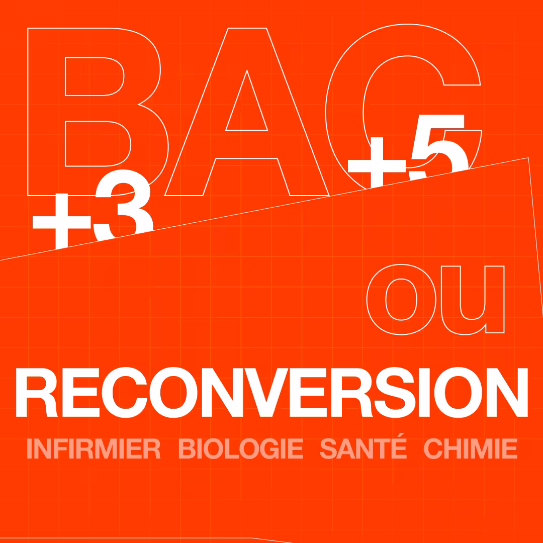 isuel listant les critères d'admission pour les profils Bac+3, Bac+5, infirmiers ou professionnels en reconversion en biologie, chimie et santé.