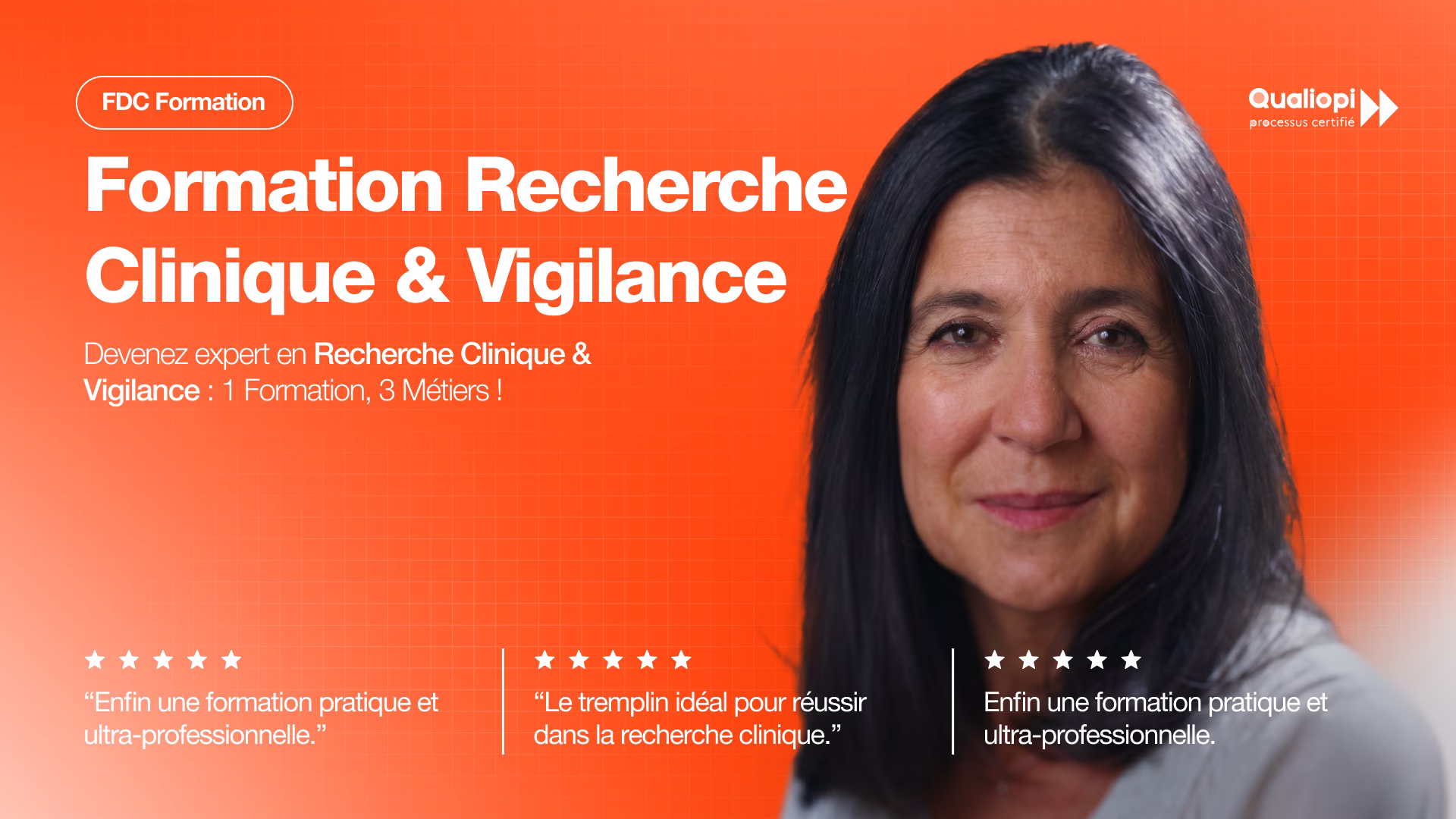 Miniature vidéo de présentation de la formation FDC en recherche clinique et vigilance par Isabelle Parrain, affichant des avis clients 5 étoiles et la certification Qualiopi.