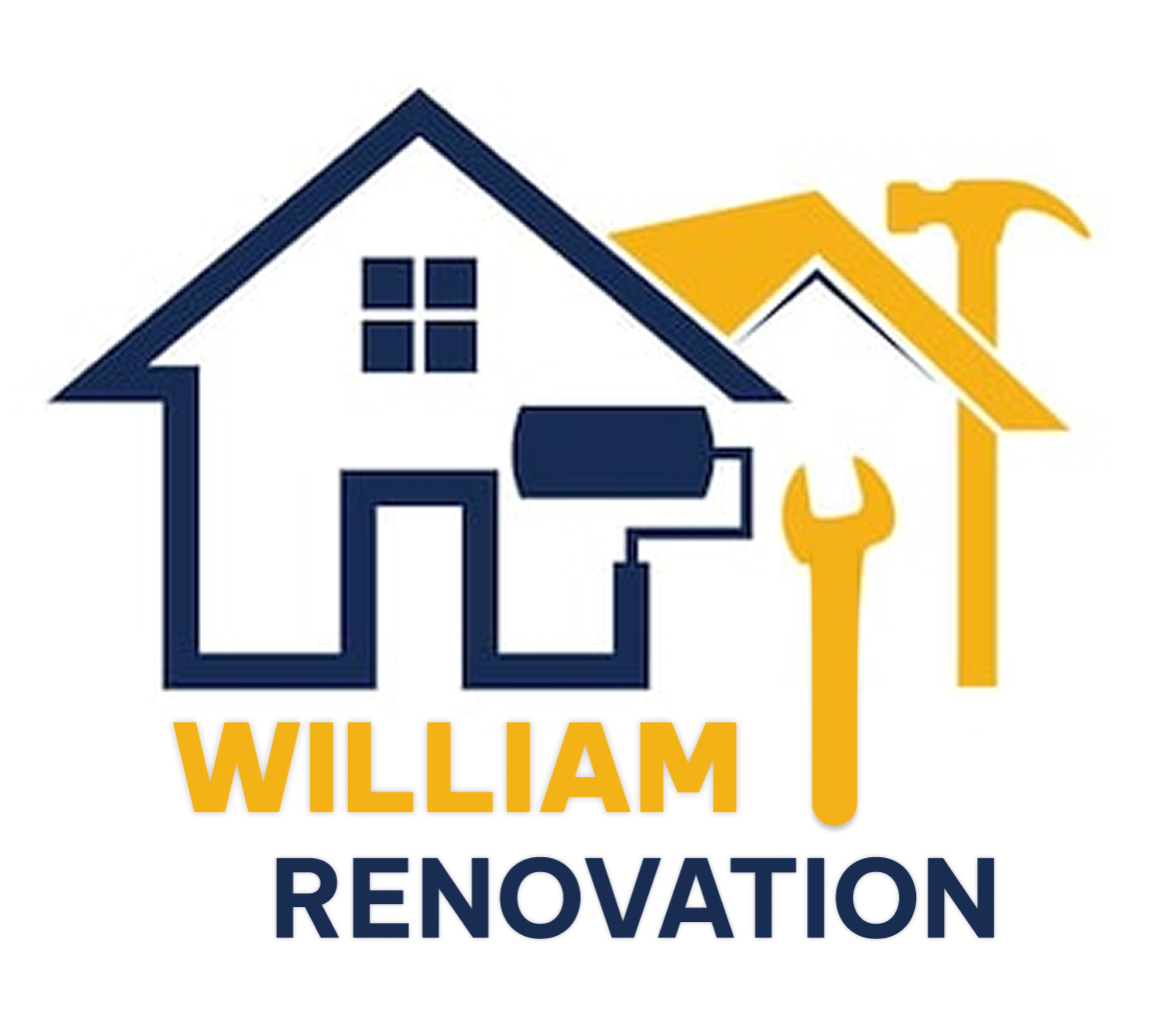 Logo with two house outlines, paint roller, wrench, hammer, and text William Renovation.