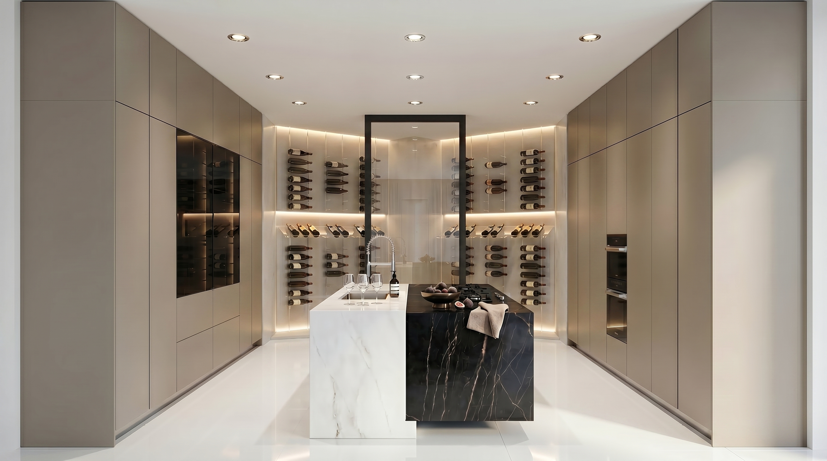 A dedicated wine and prep room with backlit bottle storage and a marble-and-stone island, accessed through pocket doors — workflow expressed as architecture.