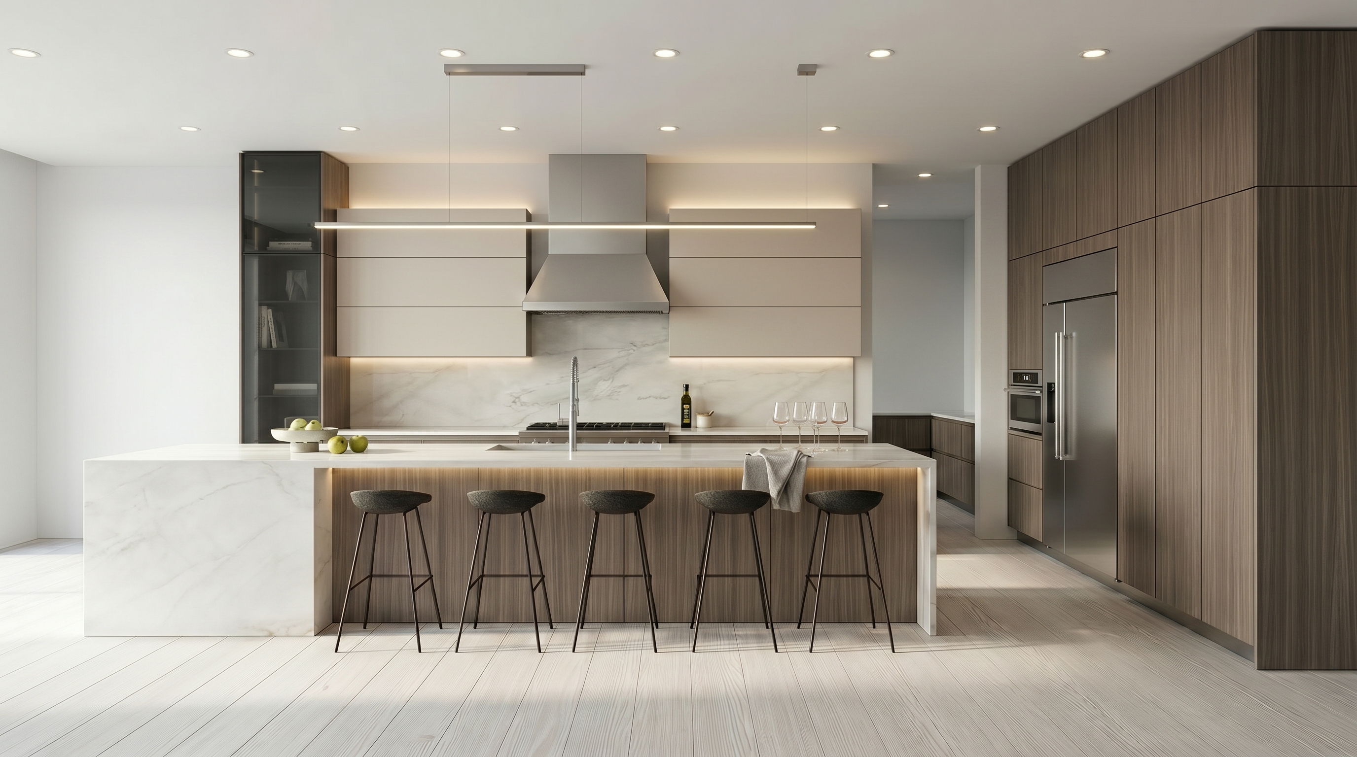 An open-plan living and dining space with the kitchen integrated into the wider architecture — the envelope shaped first, the kitchen sitting inside it.