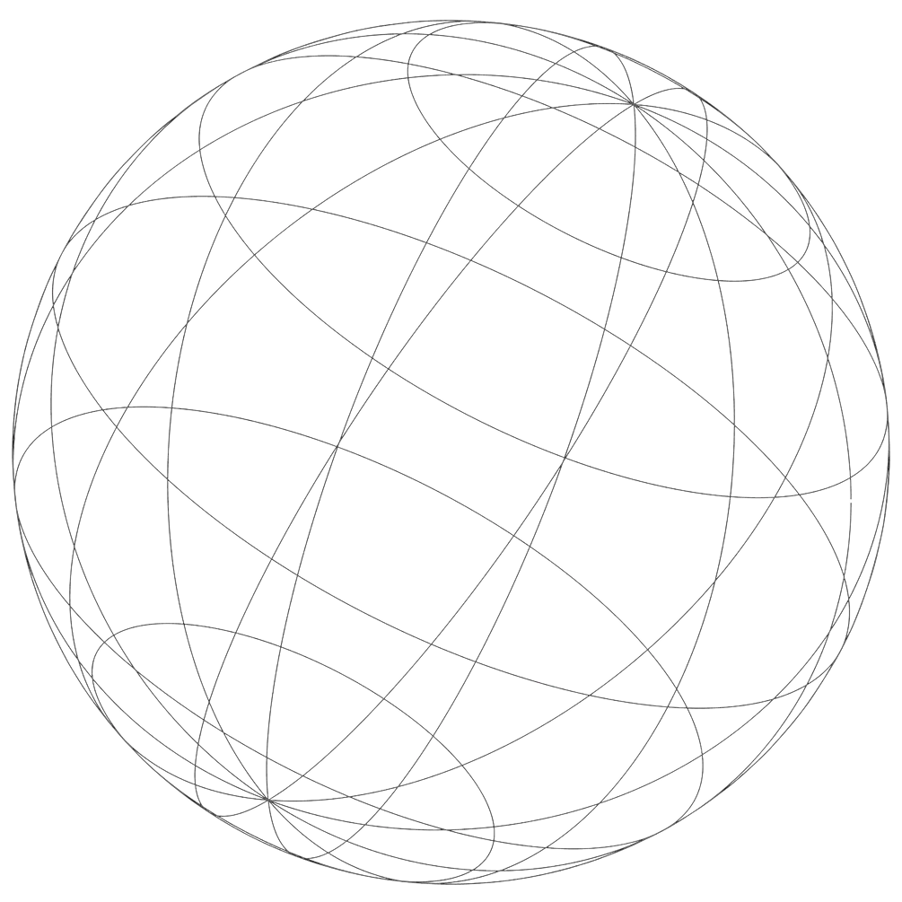 Black sphere composed of intersecting thin lines forming a wireframe globe on a transparent background.