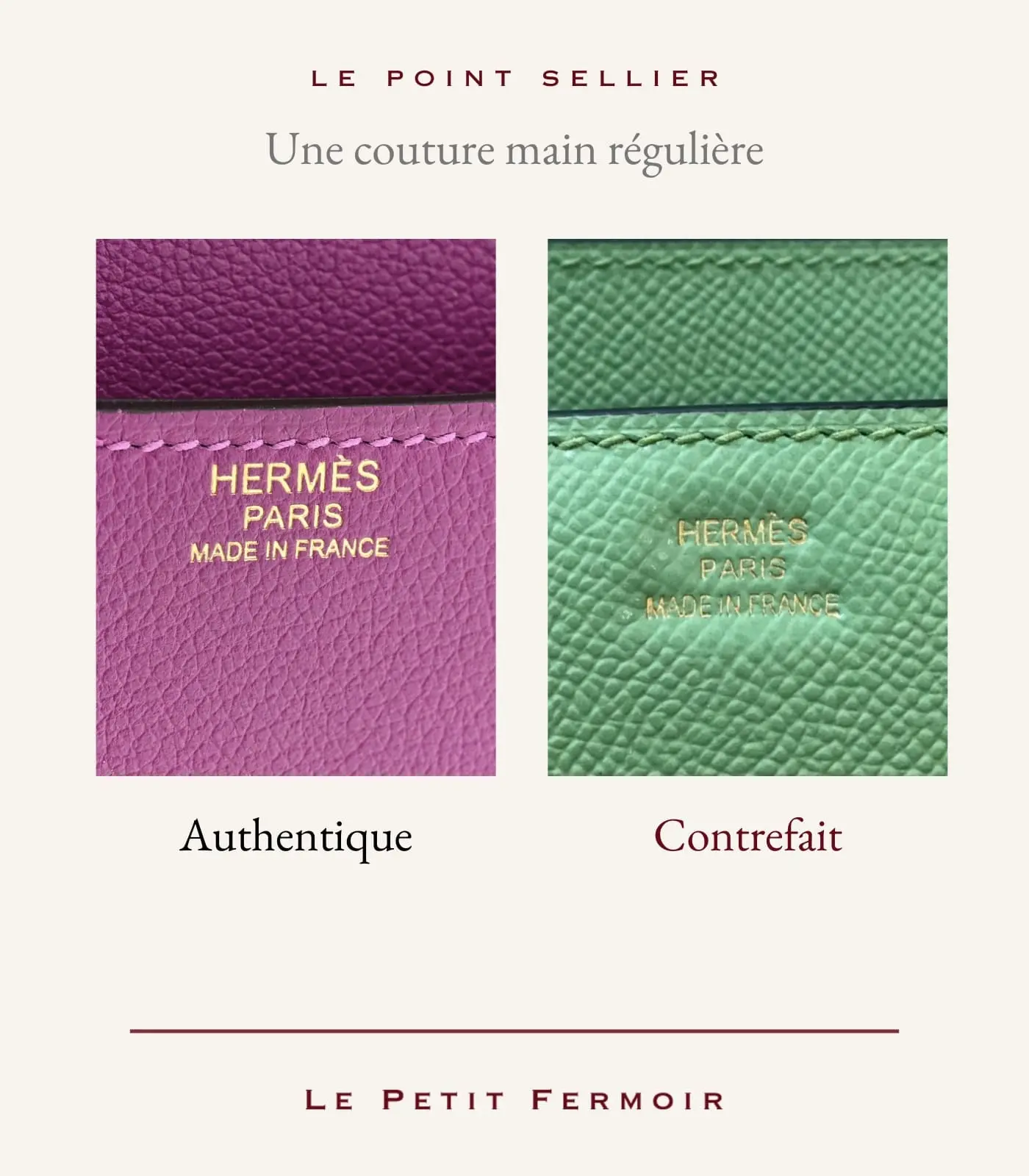 Comparaison du point sellier et de l'estampille Hermès Paris Made in France sur un cuir authentique et une contrefaçon