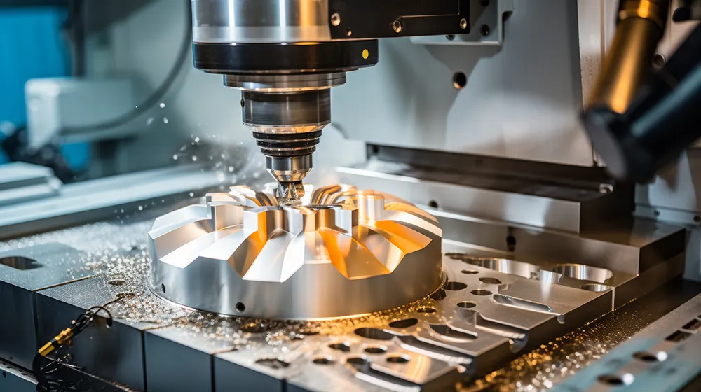 CNC machine milling a shiny metal turbine part with sparks flying during precision production.
