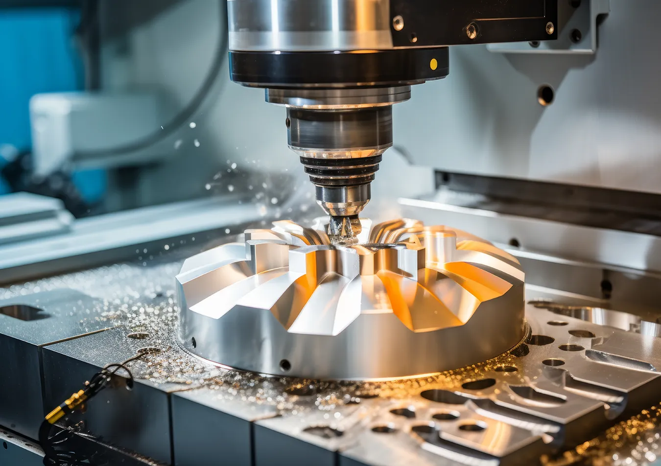 CNC machine milling a metal turbine part with metal shavings around it in a workshop.