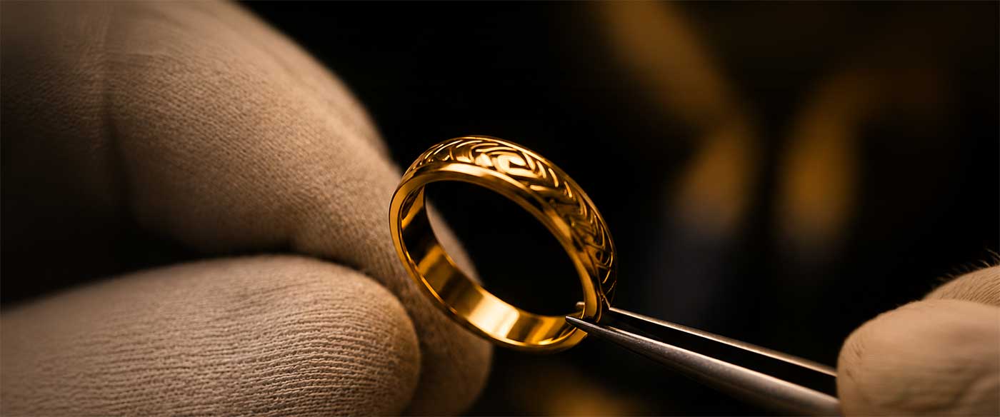 Close-up of an engraved gold ring held in tweezers against beige gloved fingers, lit warmly against a dark blurred background.